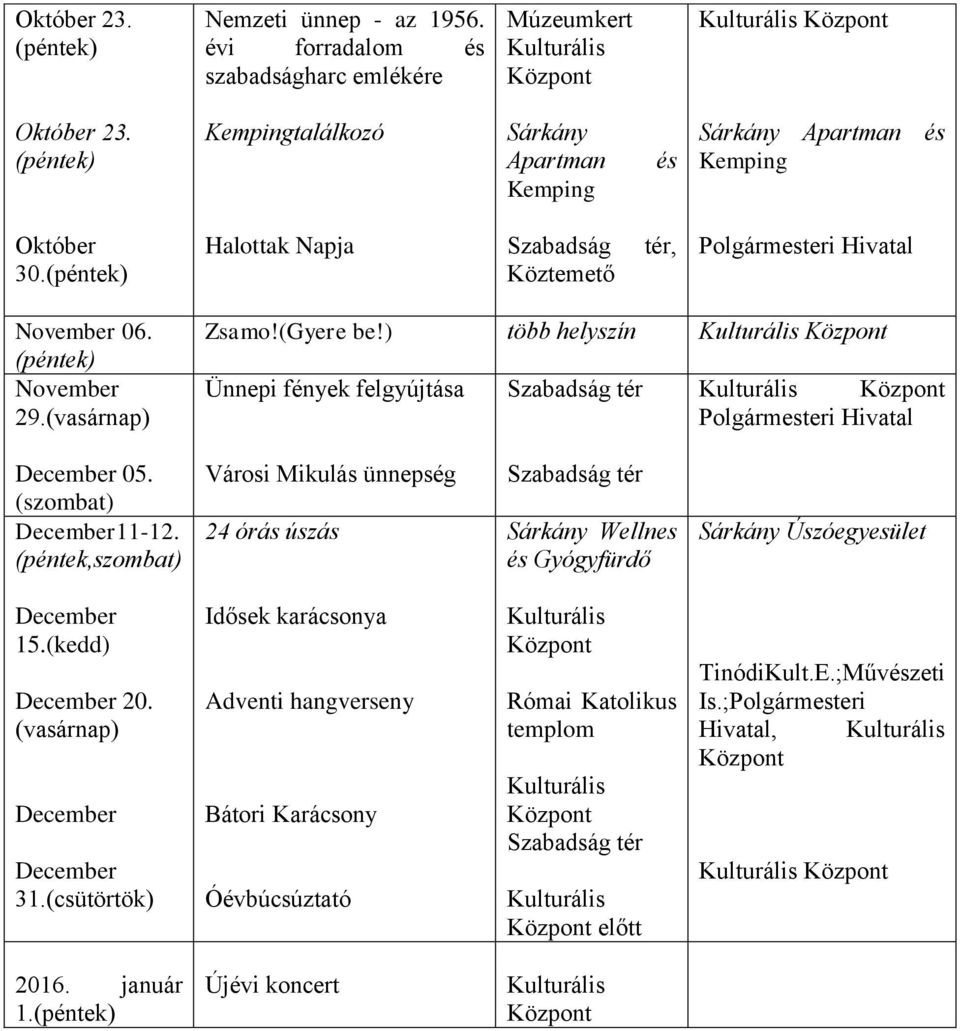 ) több helyszín Ünnepi fények felgyújtása Szabadság tér Polgármesteri Hivatal December 05. (szombat) December11-12.