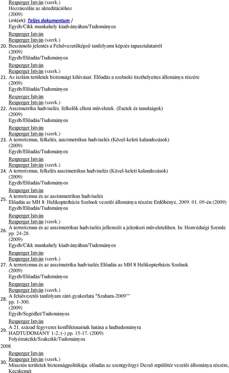 ) 22. Asszimetriku hadviselés. felkelők elleni műveletek. (Esetek és tanulságok) (2009) (szerk.) 23. A terrorizmus, felkelés, asszimetrikus hadviselés (Közel-keleti kalandozások) (2009) 24. 25. 26.