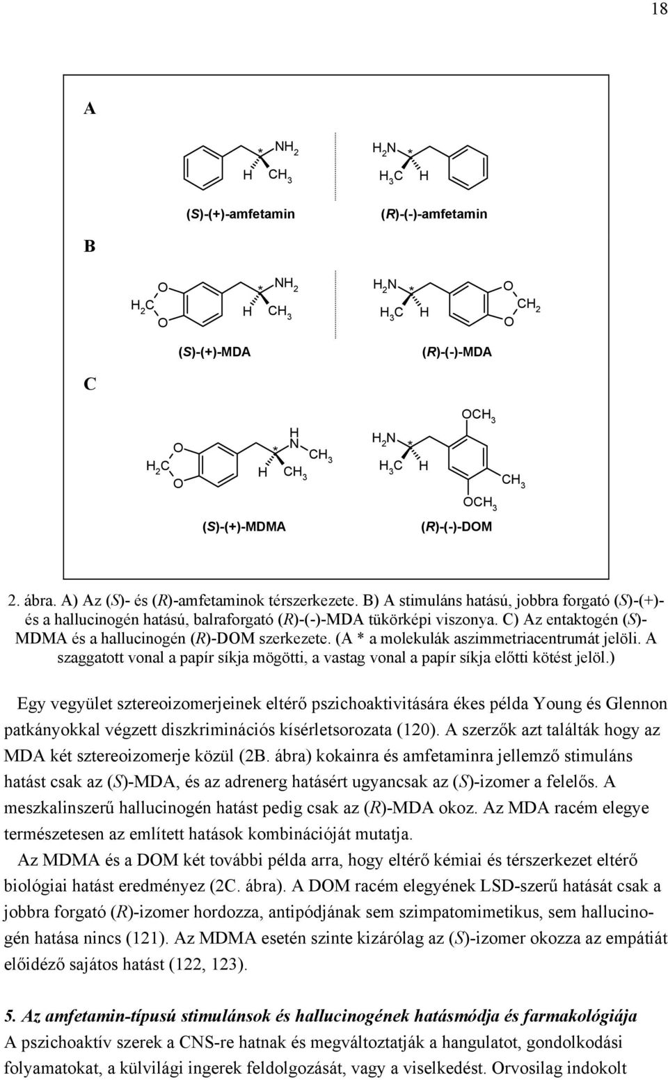 B) A stimuláns hatású, jobbra forgató (S)-(+)- és a hallucinogén hatású, balraforgató (R)-(-)-MDA tükörképi viszonya. C) Az entaktogén (S)- MDMA és a hallucinogén (R)-DOM szerkezete.