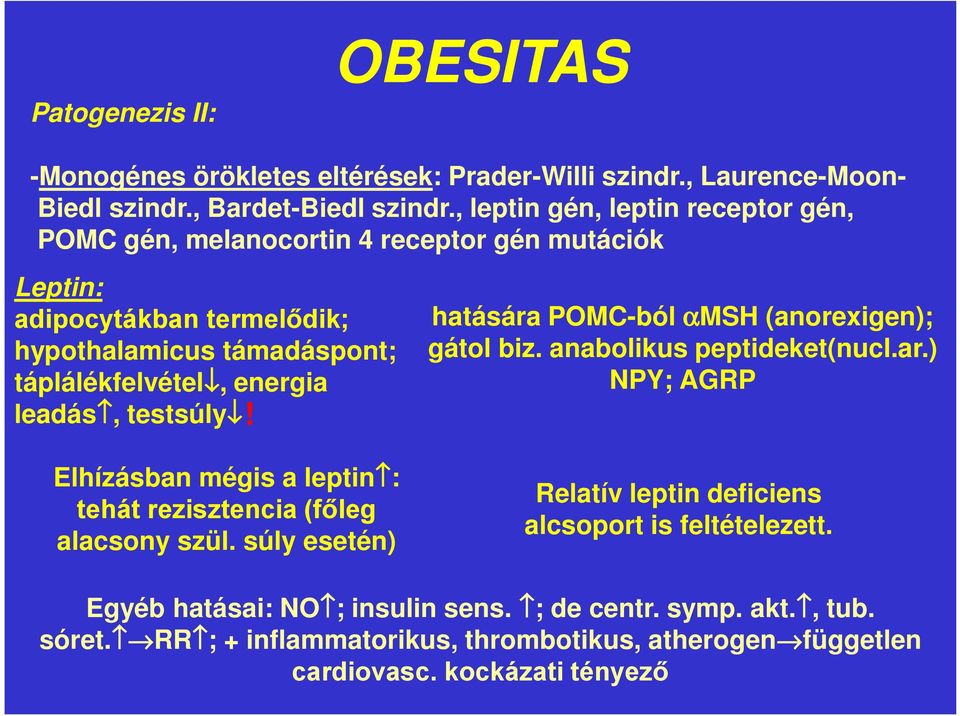testsúly Elhízásban mégis a leptin : alacsony szül. súly esetén)! hatására POMC-ból αmsh (anorexigen); gátol biz. anabolikus peptideket(nucl.ar.