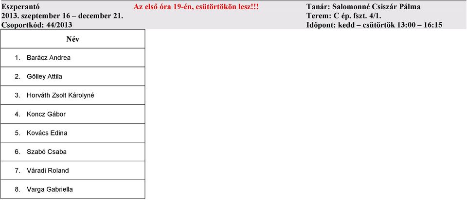 Csoportkód: 44/2013 Időpont: kedd csütörtök 13:00 16:15 1. Barácz Andrea 2.