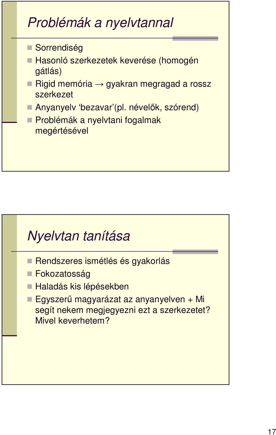 névelők, szórend) Problémák a nyelvtani fogalmak megértésével Nyelvtan tanítása Rendszeres ismétlés