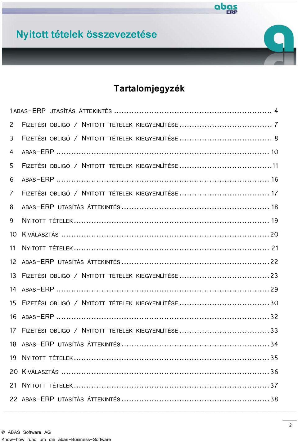 .. 19 10 KIVÁLASZTÁS... 20 11 NYITOTT TÉTELEK... 21 12 ABAS-ERP UTASÍTÁS ÁTTEKINTÉS... 22 13 FIZETÉSI OBLIGÓ / NYITOTT TÉTELEK KIEGYENLÍTÉSE... 23 14 ABAS-ERP.