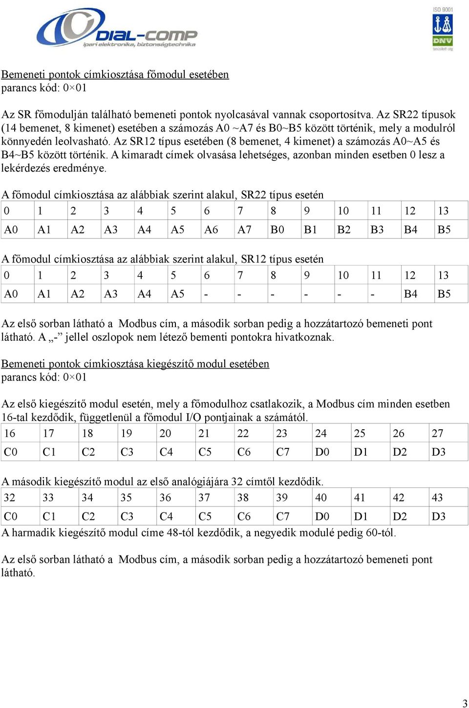 Az SR12 típus esetében (8 bemenet, 4 kimenet) a számozás A0~A5 és B4~B5 között történik. A kimaradt címek olvasása lehetséges, azonban minden esetben 0 lesz a lekérdezés eredménye.