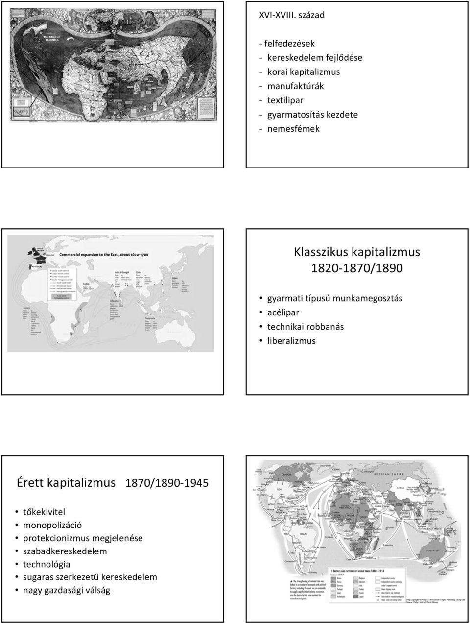 kezdete nemesfémek Klasszikus kapitalizmus 1820 1870/1890 gyarmati típusú munkamegosztás acélipar