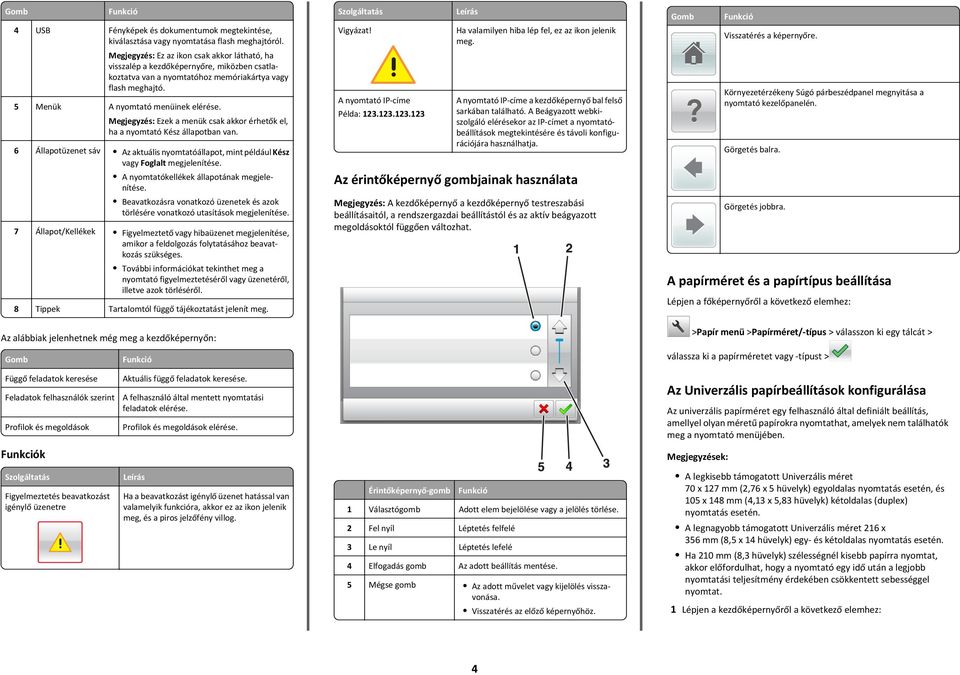 Megjegyzés: Ezek a menük csak akkor érhetők el, ha a nyomtató Kész állapotban van. 6 Állapotüzenet sáv Az aktuális nyomtatóállapot, mint például Kész vagy Foglalt megjelenítése.