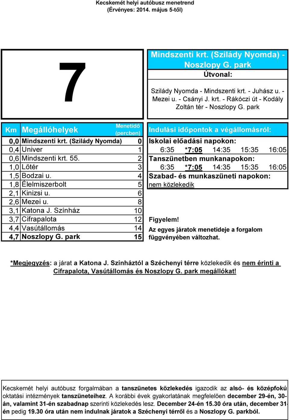 2 Tanszünetben munkanapokon: 1,0 Lőtér 3 6:35 *7:05 14:35 15:35 16:05 1,5 Bodzai u. 4 Szabad- és munkaszüneti napokon: 1,8 Élelmiszerbolt 5 nem közlekedik 2,1 Kinizsi u.