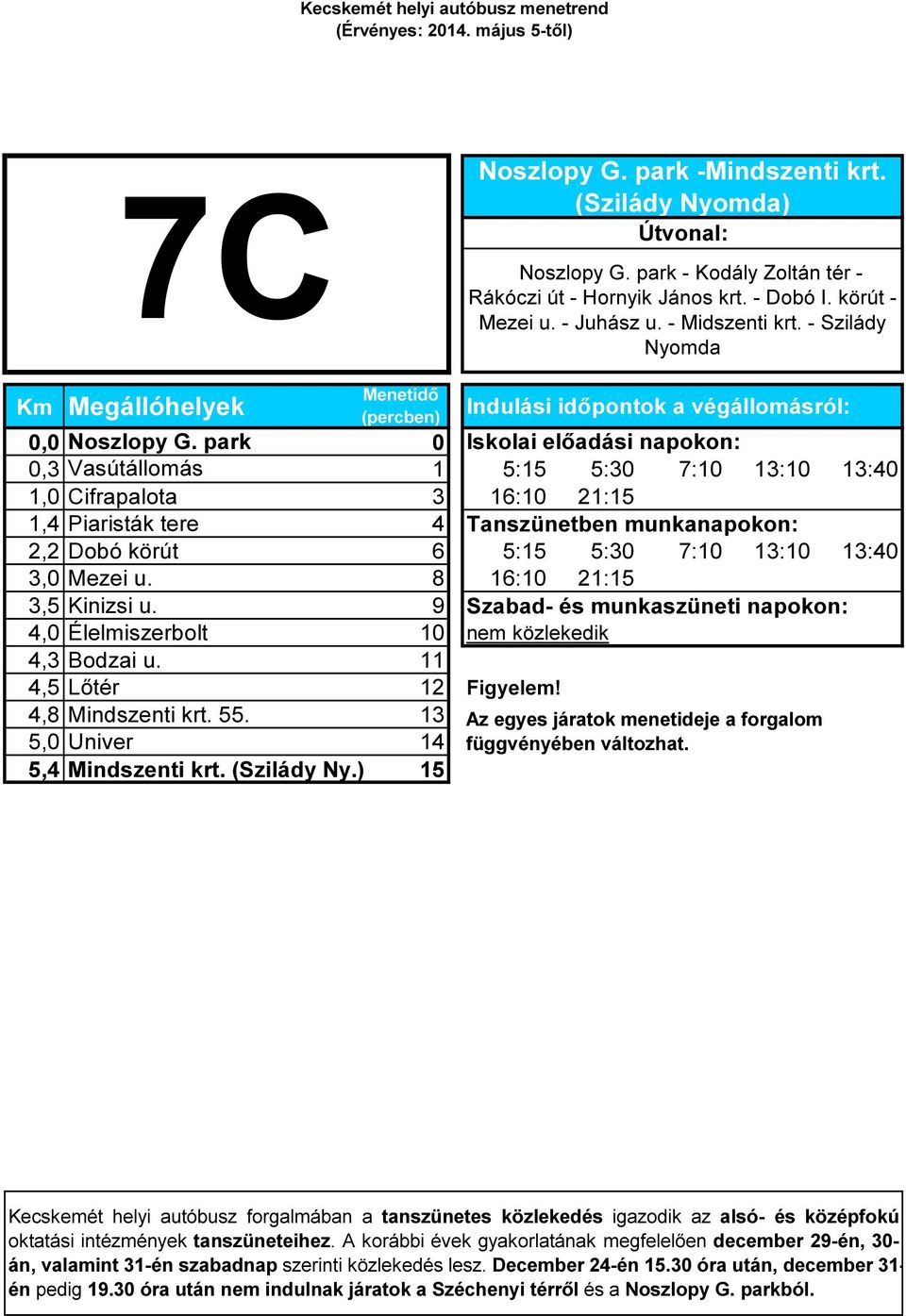 park 0,3 Vasútállomás 1 5:15 5:30 7:10 13:10 13:40 1,0 Cifrapalota 3 16:10 21:15 1,4 Piaristák tere 4 Tanszünetben munkanapokon: 2,2 Dobó körút 6 5:15