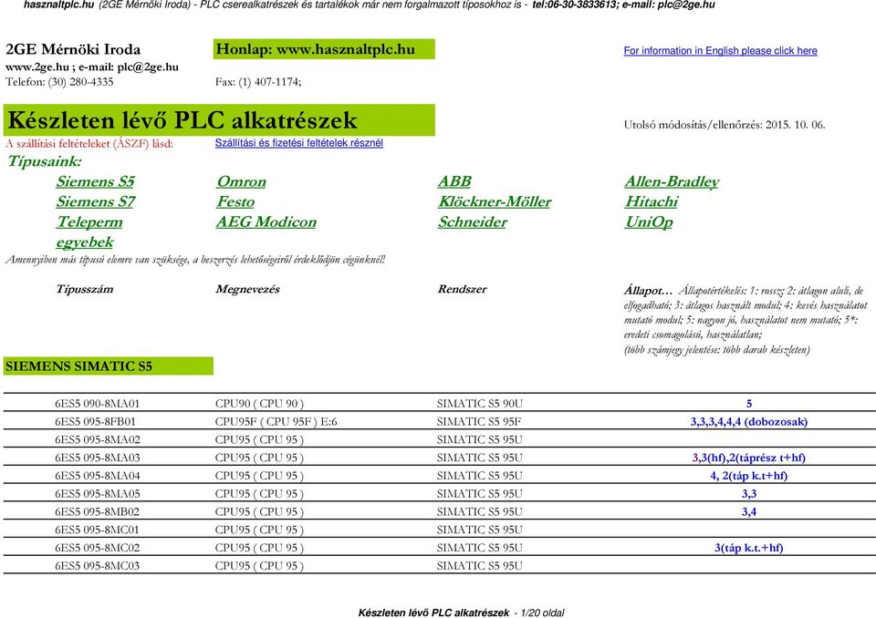 A szállítási feltételeket (ÁSZF) lásd: Szállítási és fizetési feltételek résznél Típusaink: Siemens S5 Omron ABB Allen-Bradley Siemens S7 Festo Klöckner-Möller Hitachi Teleperm AEG Modicon Schneider
