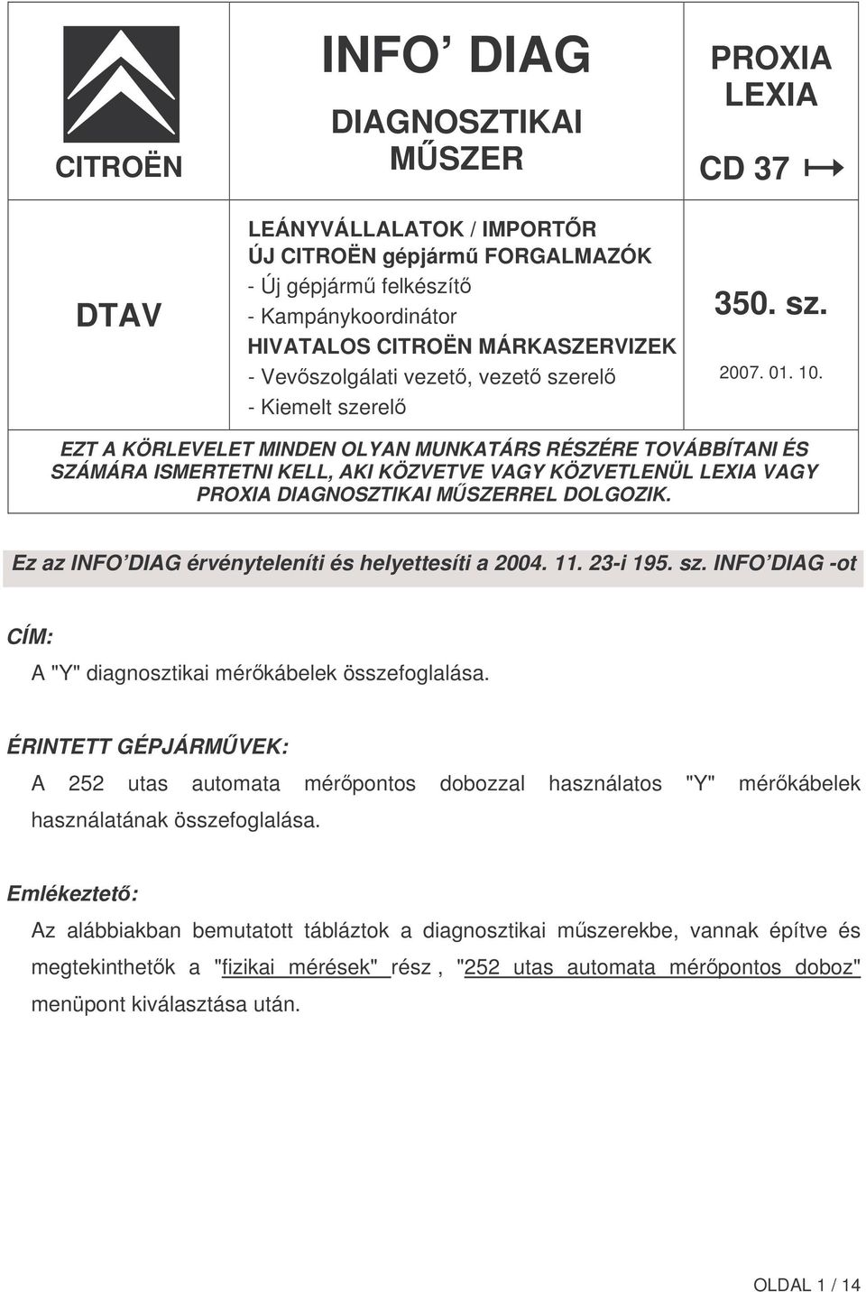 EZT A KÖRLEVELET MINDEN OLYAN MUNKATÁRS RÉSZÉRE TOVÁBBÍTANI ÉS SZÁMÁRA ISMERTETNI KELL, AKI KÖZVETVE VAGY KÖZVETLENÜL LEXIA VAGY PROXIA DIAGNOSZTIKAI MSZERREL DOLGOZIK.