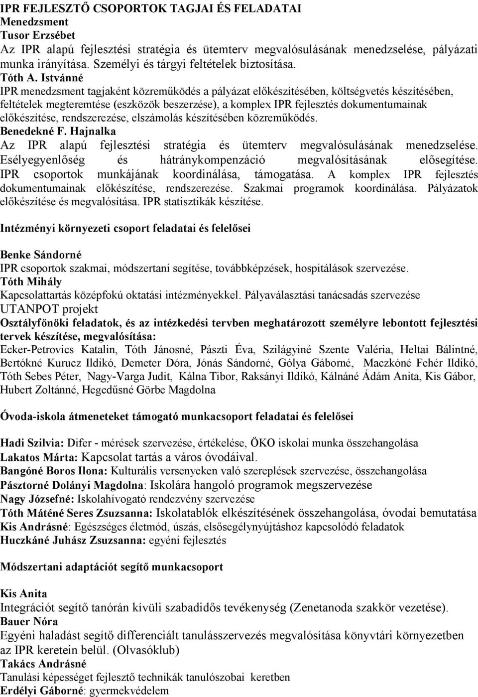 Istvánné IPR menedzsment tagjaként közreműködés a pályázat előkészítésében, költségvetés készítésében, feltételek megteremtése (eszközök beszerzése), a komplex IPR fejlesztés dokumentumainak