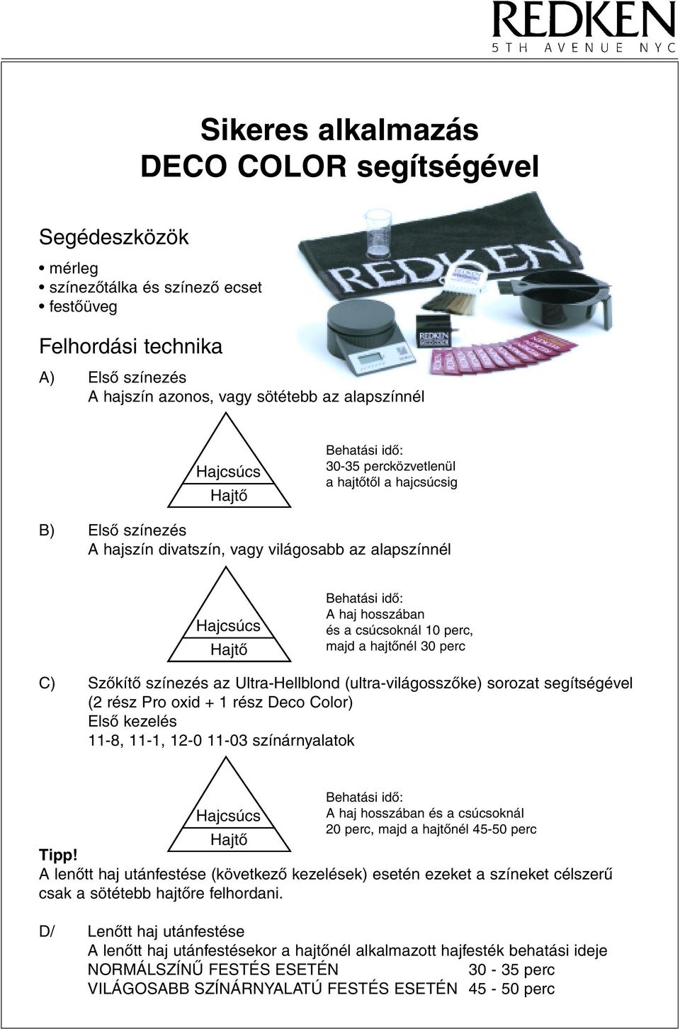 perc, majd a hajtônél 30 perc C) Szôkítô színezés az Ultra-Hellblond (ultra-világosszôke) sorozat segítségével (2 rész Pro oxid + 1 rész Deco Color) Elsô kezelés 11-8, 11-1, 12-0 11-03 színárnyalatok