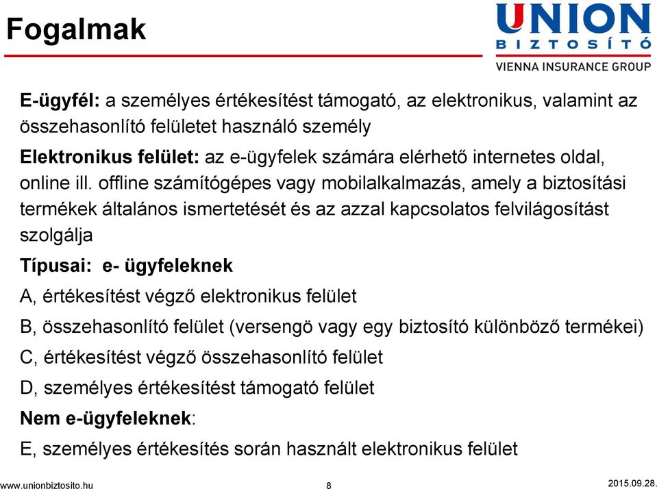 offline számítógépes vagy mobilalkalmazás, amely a biztosítási termékek általános ismertetését és az azzal kapcsolatos felvilágosítást szolgálja Típusai: e- ügyfeleknek A,