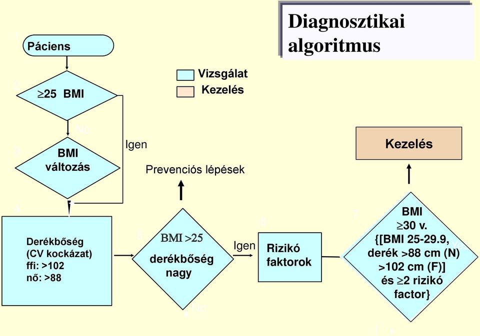 >102 nő: >88 5 BMI >25 derékbőség nagy No Igen 6 Rizikó faktorok 7 BMI