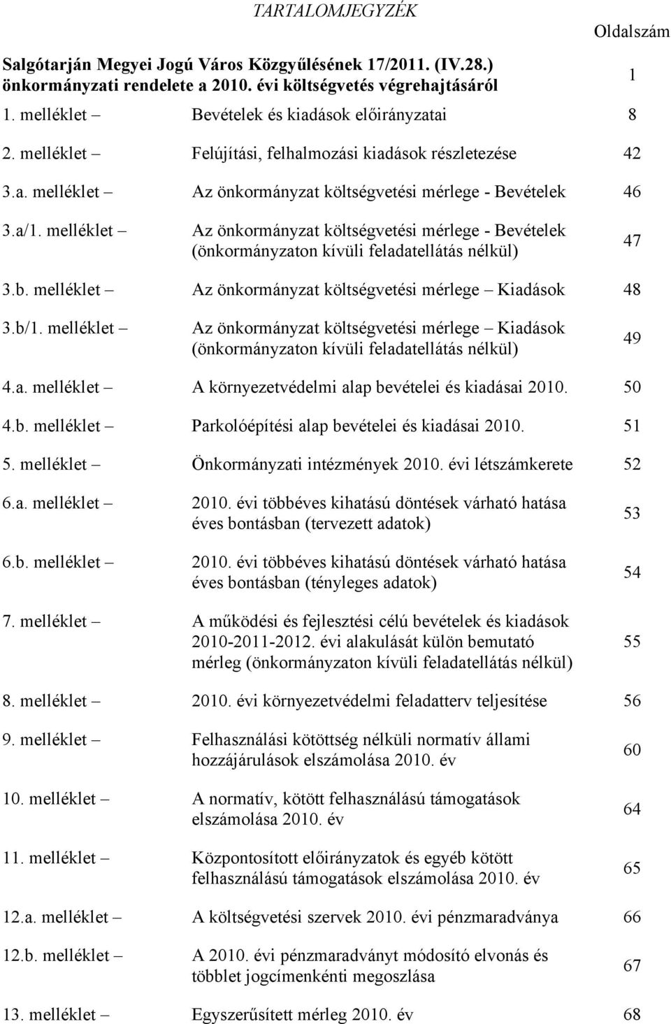 melléklet Az önkormányzat költségvetési mérlege - Bevételek (önkormányzaton kívüli feladatellátás nélkül) 47 3.b. melléklet Az önkormányzat költségvetési mérlege Kiadások 48 3.b/1.