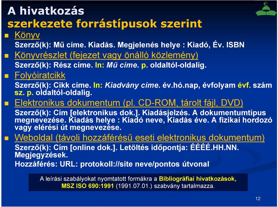 CD-ROM, tárolt fájl, DVD) Szerző(k): Cím [elektronikus dok.]. Kiadásjelzés. A dokumentumtípus megnevezése. Kiadás helye : Kiadó neve, Kiadás éve. A fizikai hordozó vagy elérési út megnevezése.