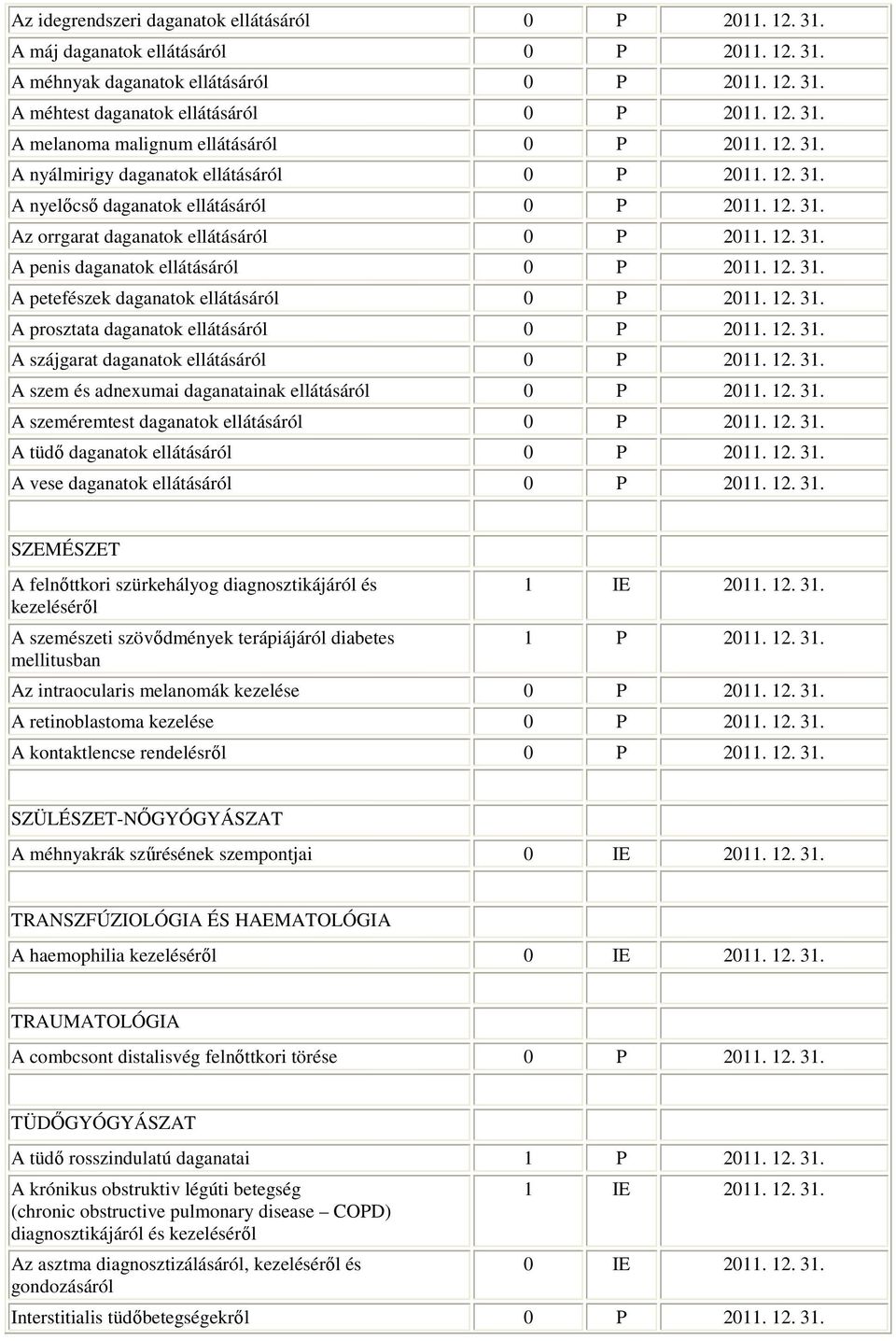 szem és adnexumai daganatainak ellátásáról A szeméremtest daganatok ellátásáról A tüdı daganatok ellátásáról A vese daganatok ellátásáról SZEMÉSZET A felnıttkori szürkehályog diagnosztikájáról és