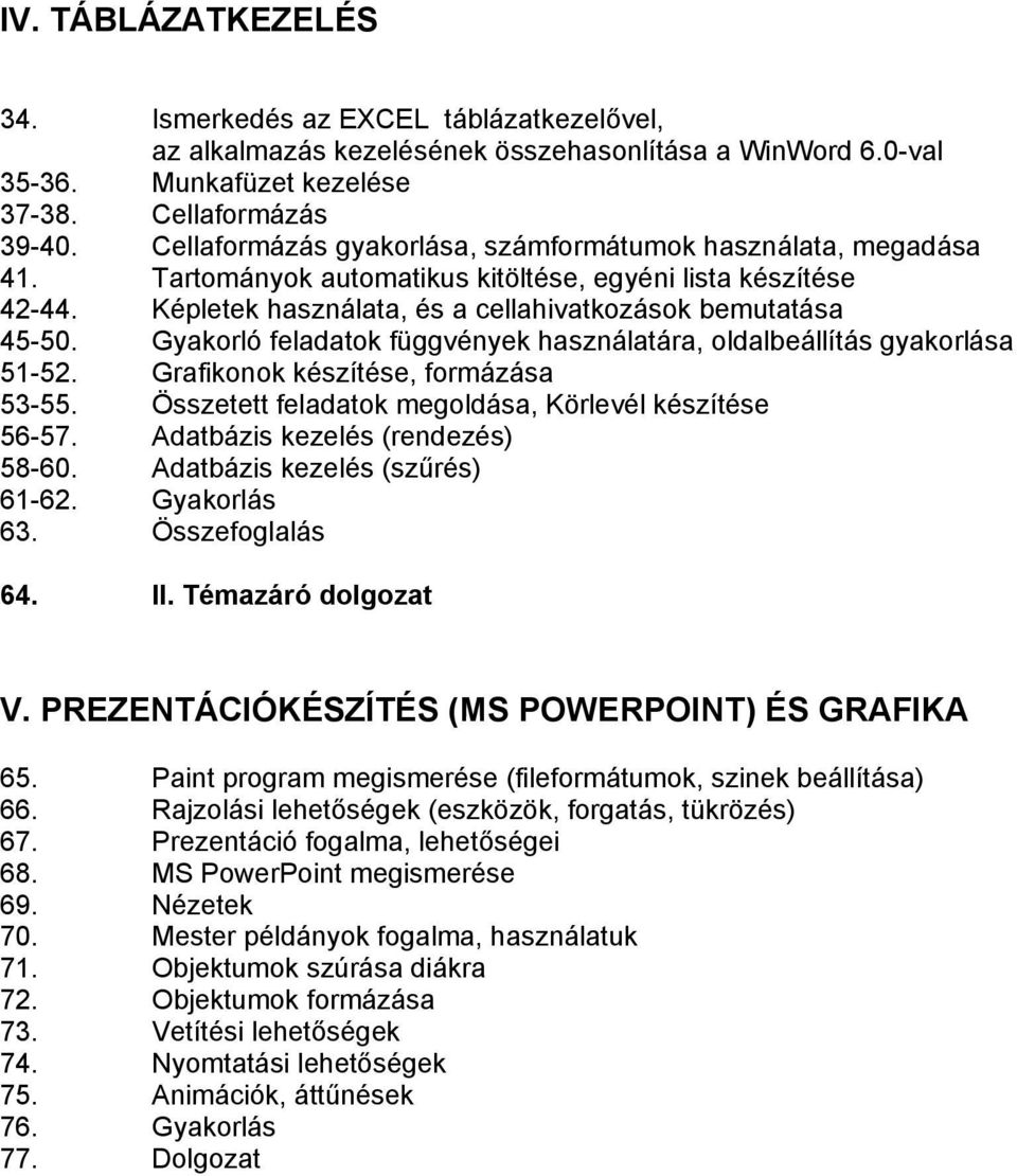 Gyakorló feladatok függvények használatára, oldalbeállítás gyakorlása 51-52. Grafikonok készítése, formázása 53-55. Összetett feladatok megoldása, Körlevél készítése 56-57.