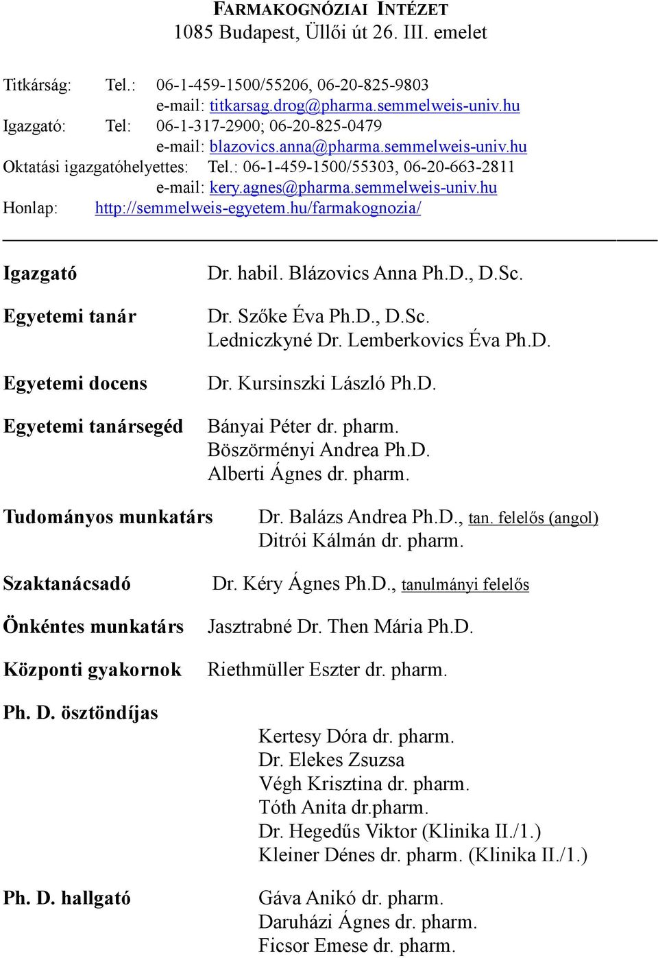 semmelweis-univ.hu Honlap: http://semmelweis-egyetem.hu/farmakognozia/ Igazgató Egyetemi tanár Egyetemi docens Egyetemi tanársegéd Dr. habil. Blázovics Anna Ph.D., D.Sc. Dr. Szőke Éva Ph.D., D.Sc. Ledniczkyné Dr.