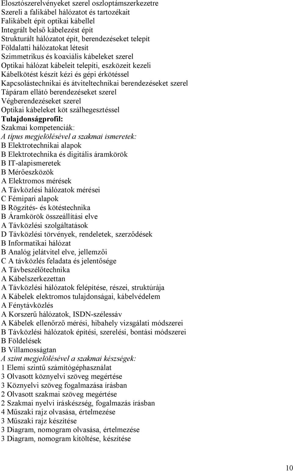 Kapcsolástechnikai és átviteltechnikai berendezéseket szerel Tápáram ellátó berendezéseket szerel Végberendezéseket szerel Optikai kábeleket köt szálhegesztéssel Tulajdonságprofil: Szakmai