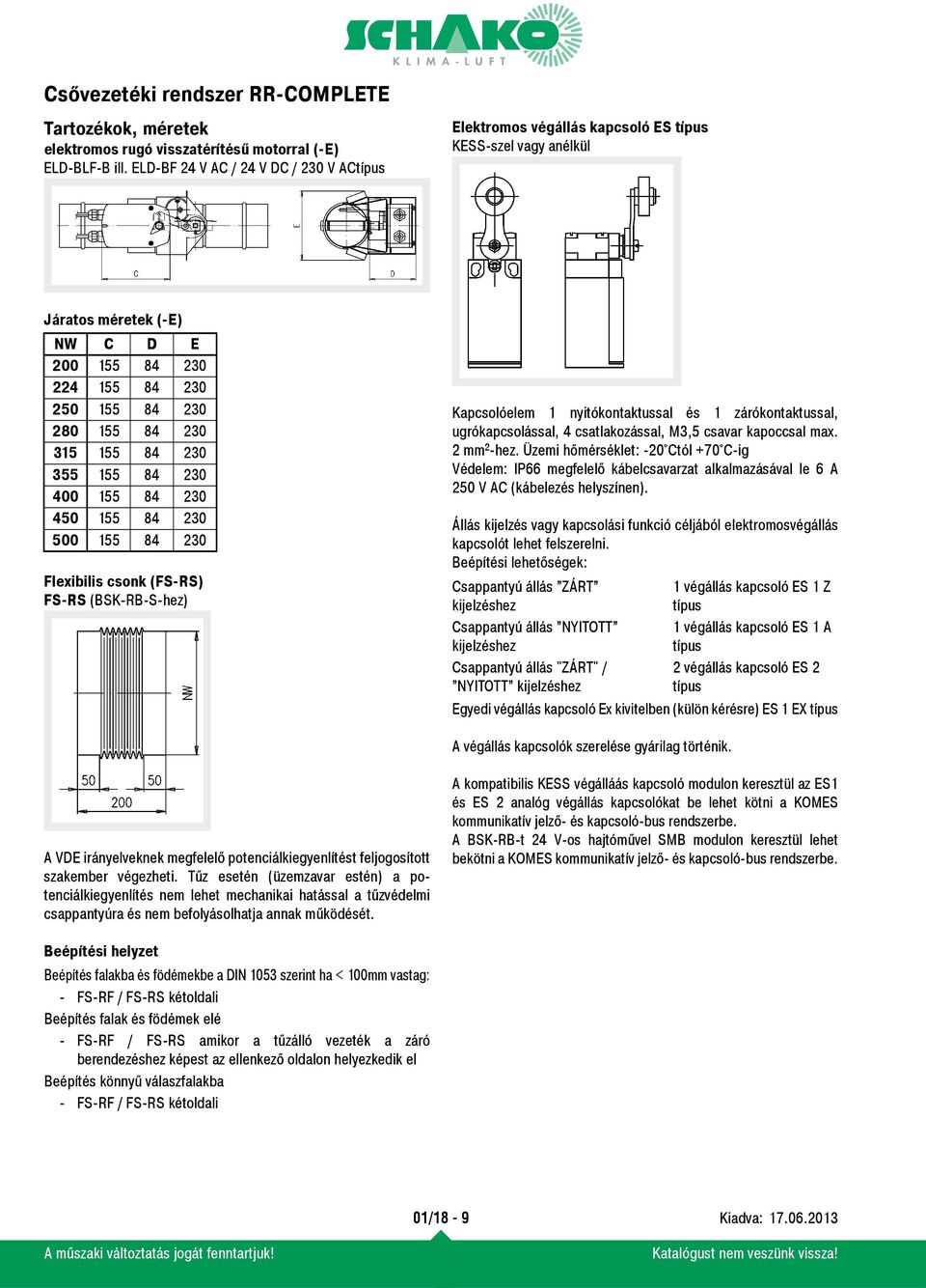 84 230 355 155 84 230 400 155 84 230 450 155 84 230 500 155 84 230 Flexibilis csonk (FS-RS) FS-RS (BSK-RB-S-hez) Kapcsolóelem 1 nyitókontaktussal és 1 zárókontaktussal, ugrókapcsolással, 4