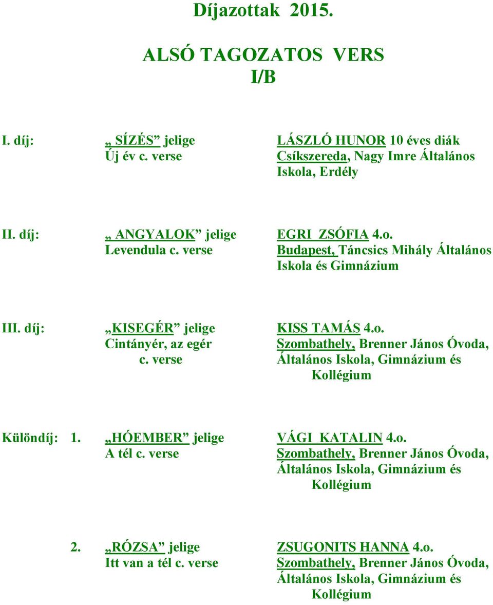verse Általános Iskola, és Kollégium Különdíj: 1. HÓEMBER jelige VÁGI KATALIN 4.o. A tél c.