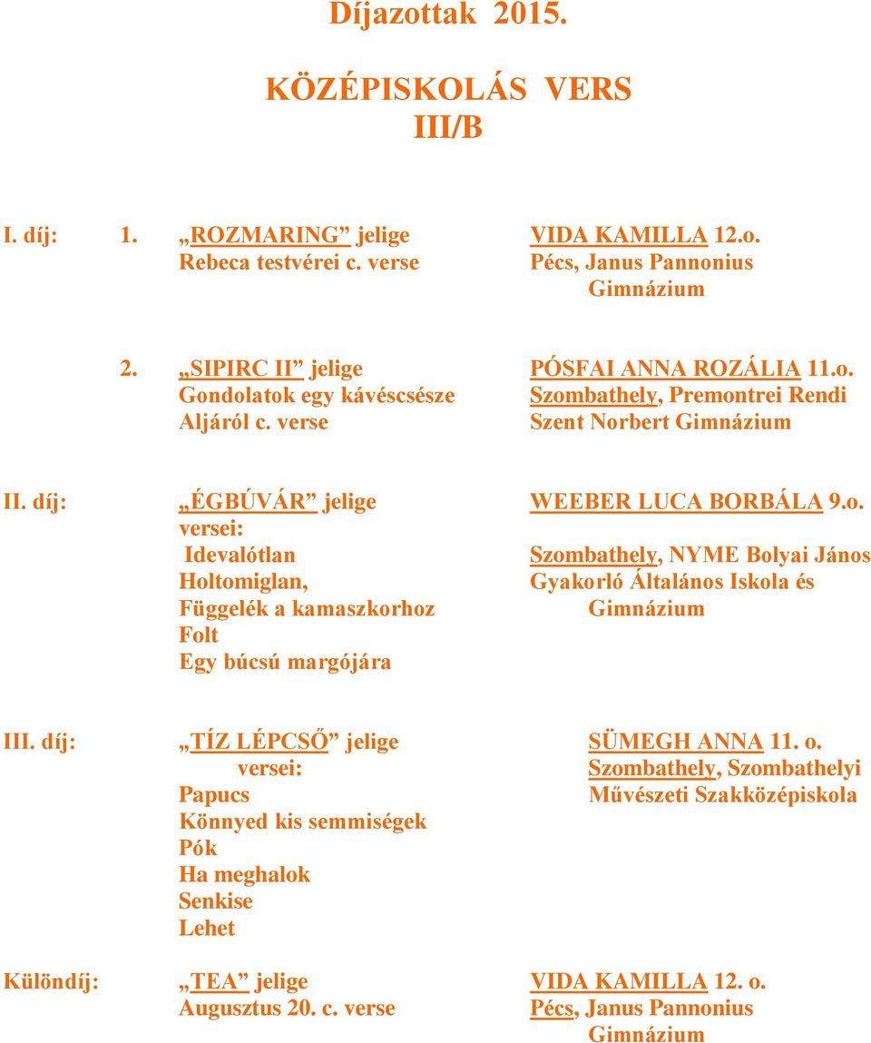 díj: TÍZ LÉPCSŐ jelige SÜMEGH ANNA 11. o.