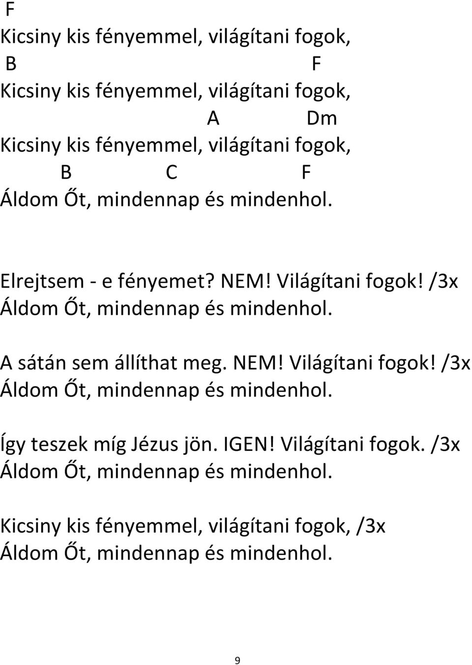 A sátán sem állíthat meg. NM! Világítani fogok! /3x Áldom Őt, mindennap és mindenhol. Így teszek míg Jézus jön. IN!