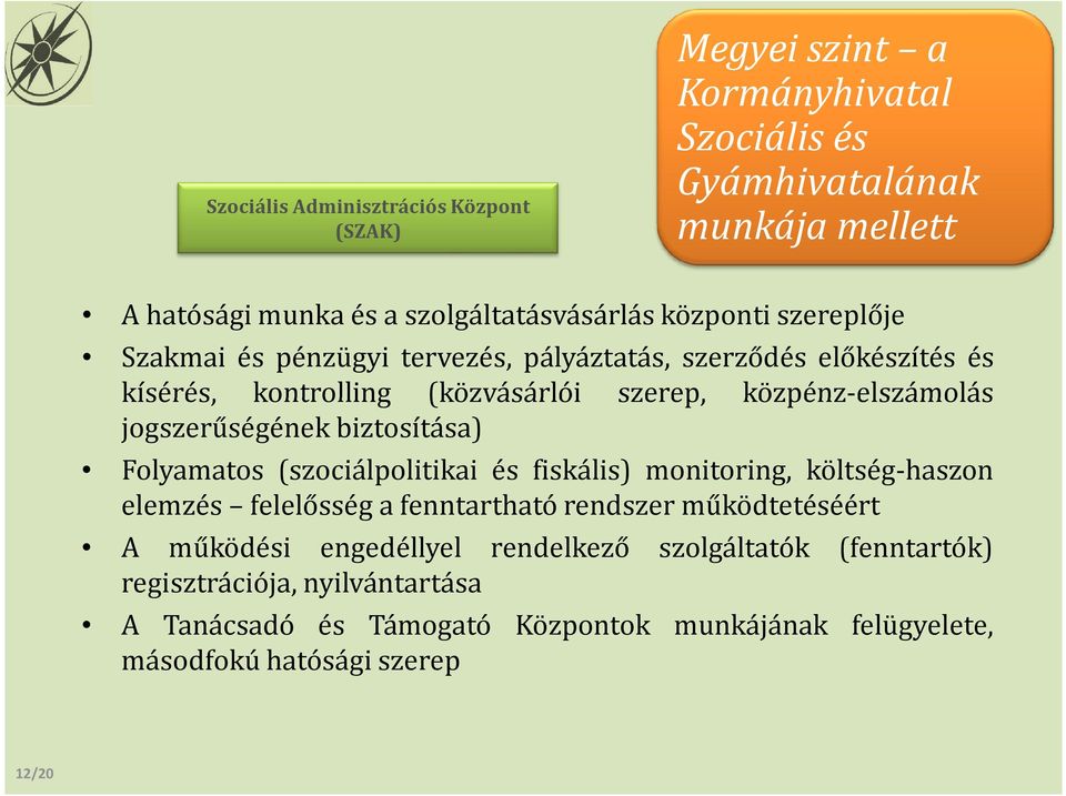 jogszerűségének biztosítása) Folyamatos (szociálpolitikai és fiskális) monitoring, költség-haszon elemzés felelősség a fenntartható rendszer működtetéséért A