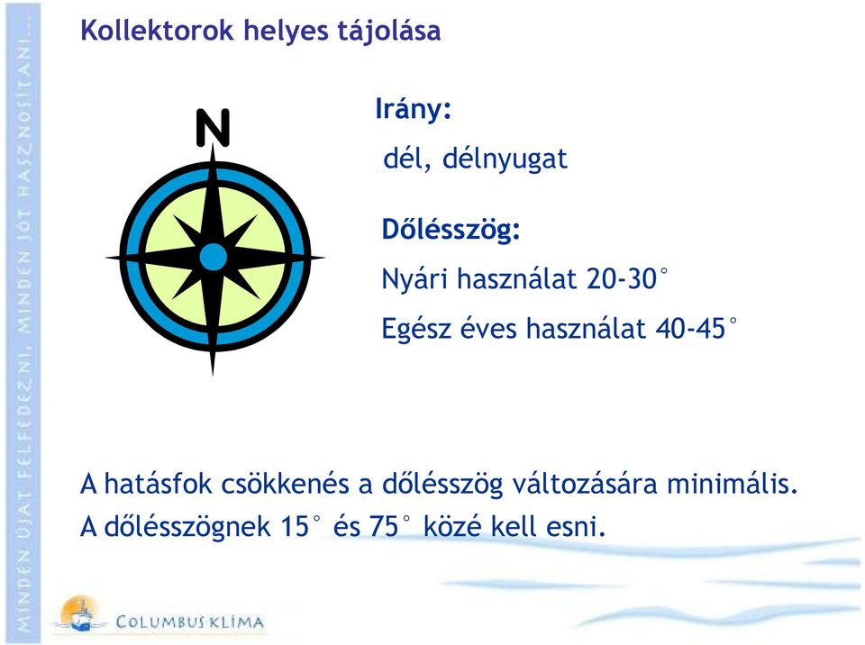 használat 40-45 A hatásfok csökkenés a dılésszög