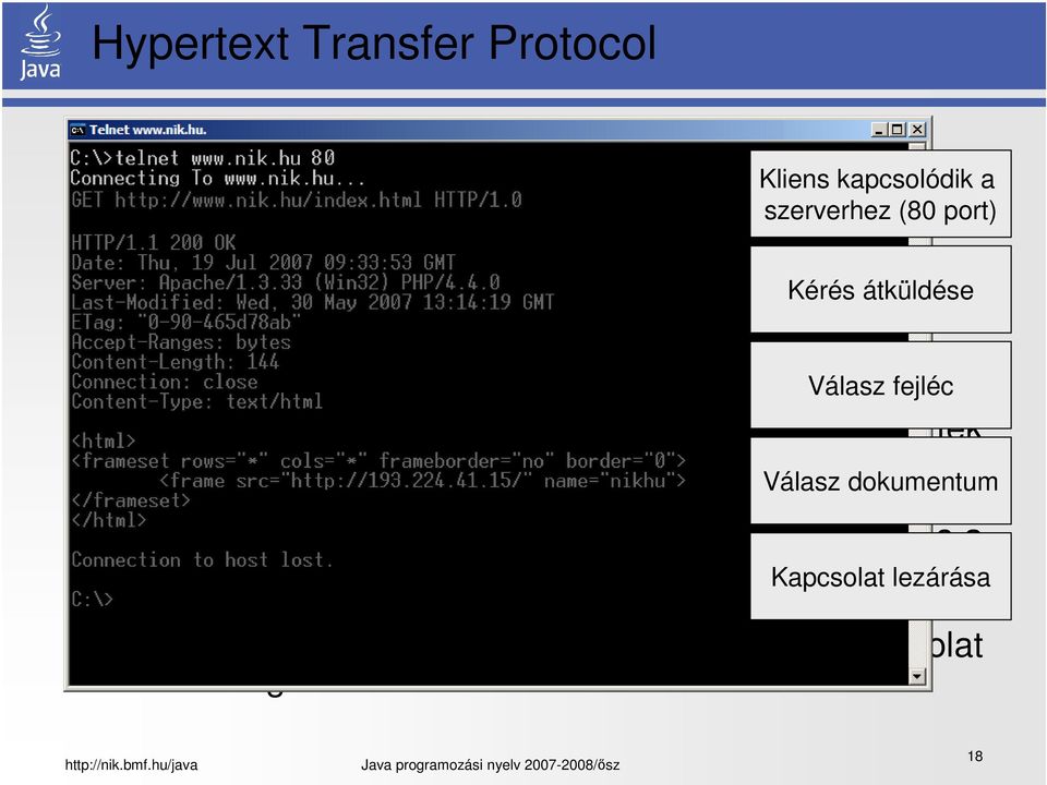 kommunikáció a TCP/IP kapcsolatnál megismertek Kliens kapcsolódik a szerverhez (80 port) szerint zajlik, a HTTP csak magát a kommunikációs protokollt rögzíti A HTTP egy állapotnélküli