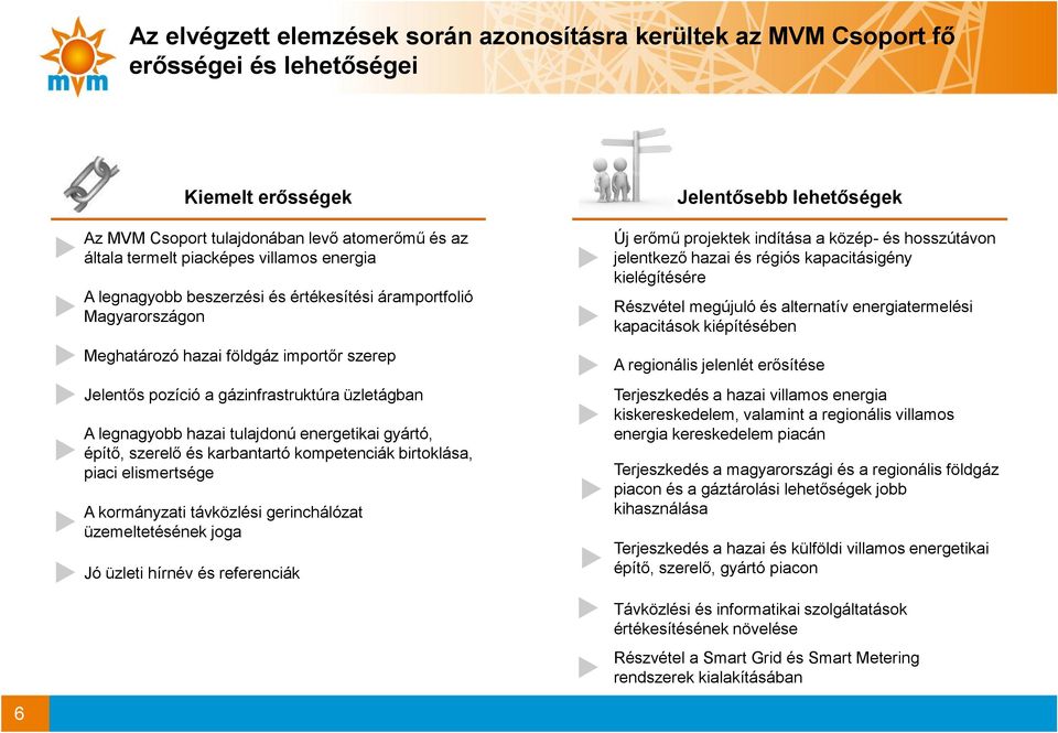 energetikai gyártó, építő, szerelő és karbantartó kompetenciák birtoklása, piaci elismertsége A kormányzati távközlési gerinchálózat üzemeltetésének joga Jó üzleti hírnév és referenciák Jelentősebb