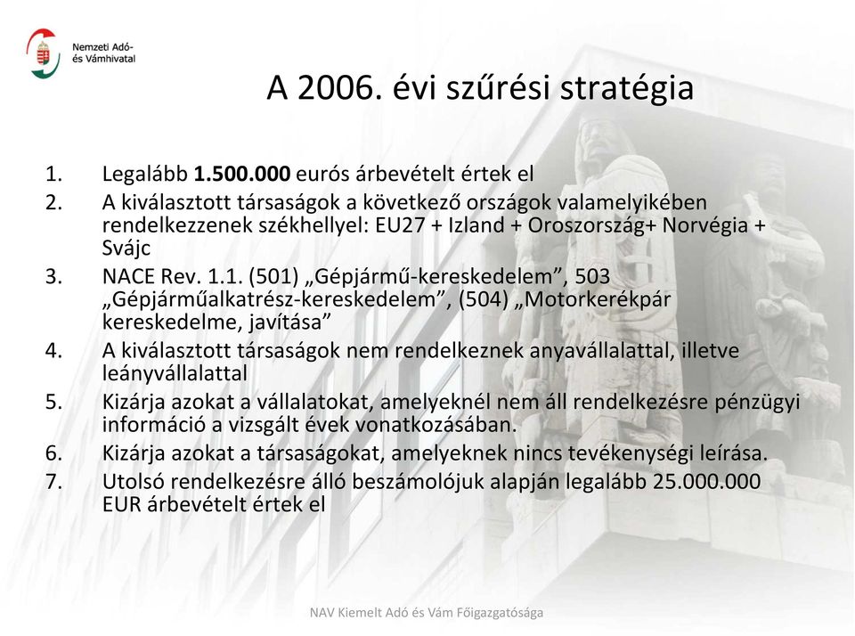 1. (501) Gépjármű-kereskedelem, 503 Gépjárműalkatrész-kereskedelem, (504) Motorkerékpár kereskedelme, javítása 4.