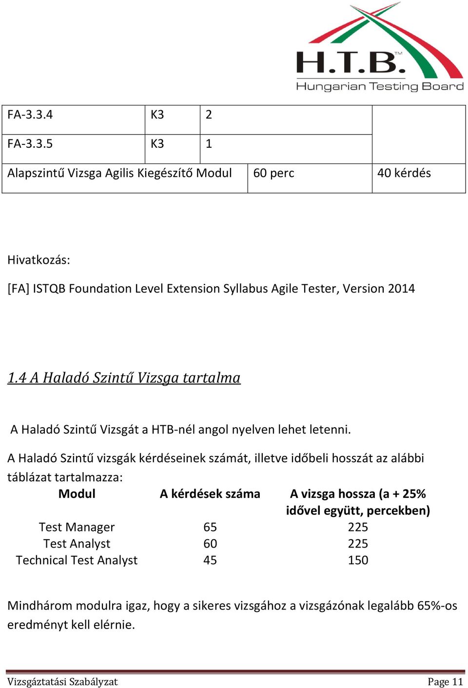 A Haladó Szintű vizsgák kérdéseinek számát, illetve időbeli hosszát az alábbi táblázat tartalmazza: Modul A kérdések száma A vizsga hossza (a + 25% idővel együtt,