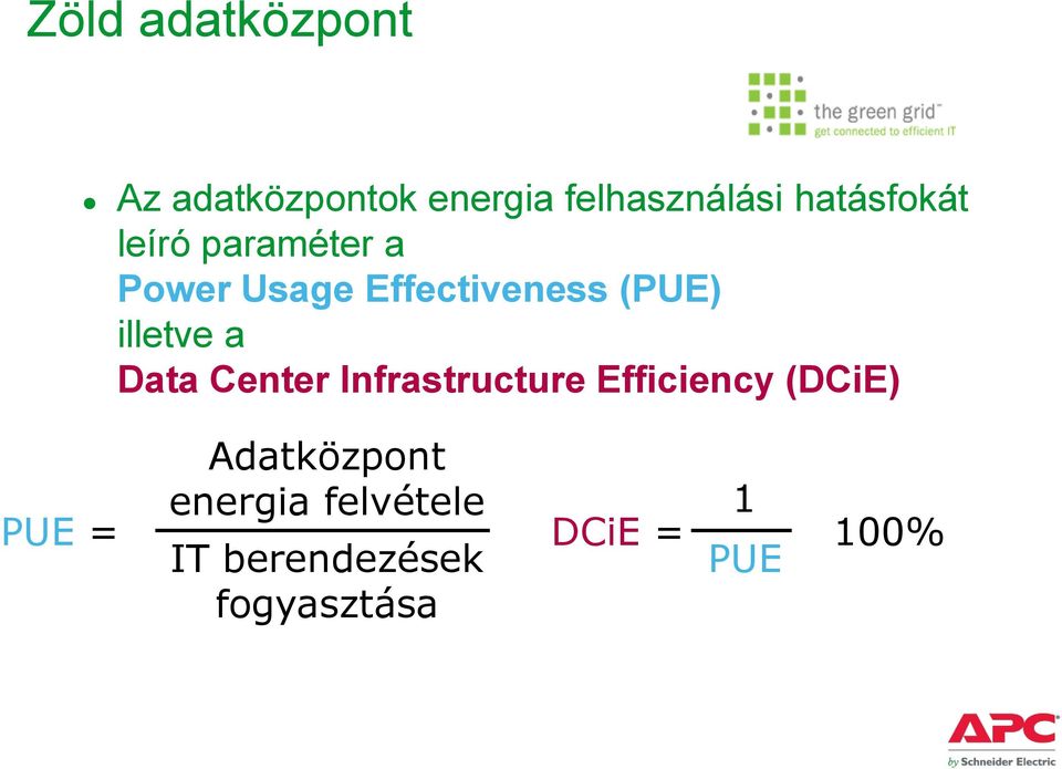 illetve a Data Center Infrastructure Efficiency (DCiE) PUE =