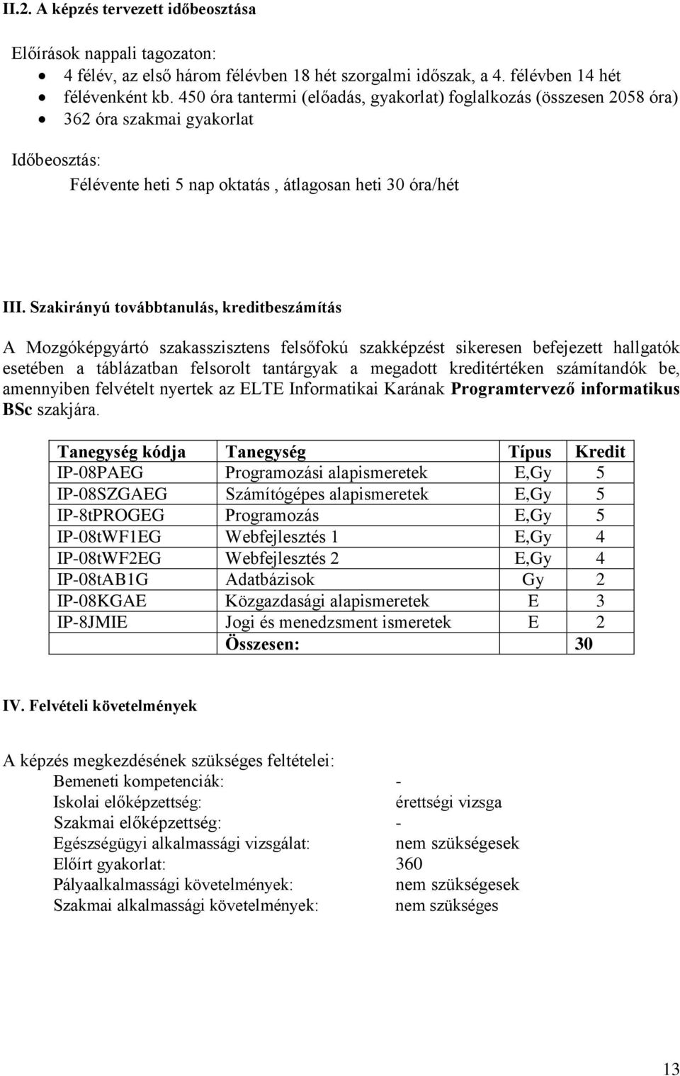 Szakirányú továbbtanulás, kreditbeszámítás A Mozgóképgyártó szakasszisztens felsőfokú szakképzést sikeresen befejezett hallgatók esetében a táblázatban felsorolt tantárgyak a megadott kreditértéken