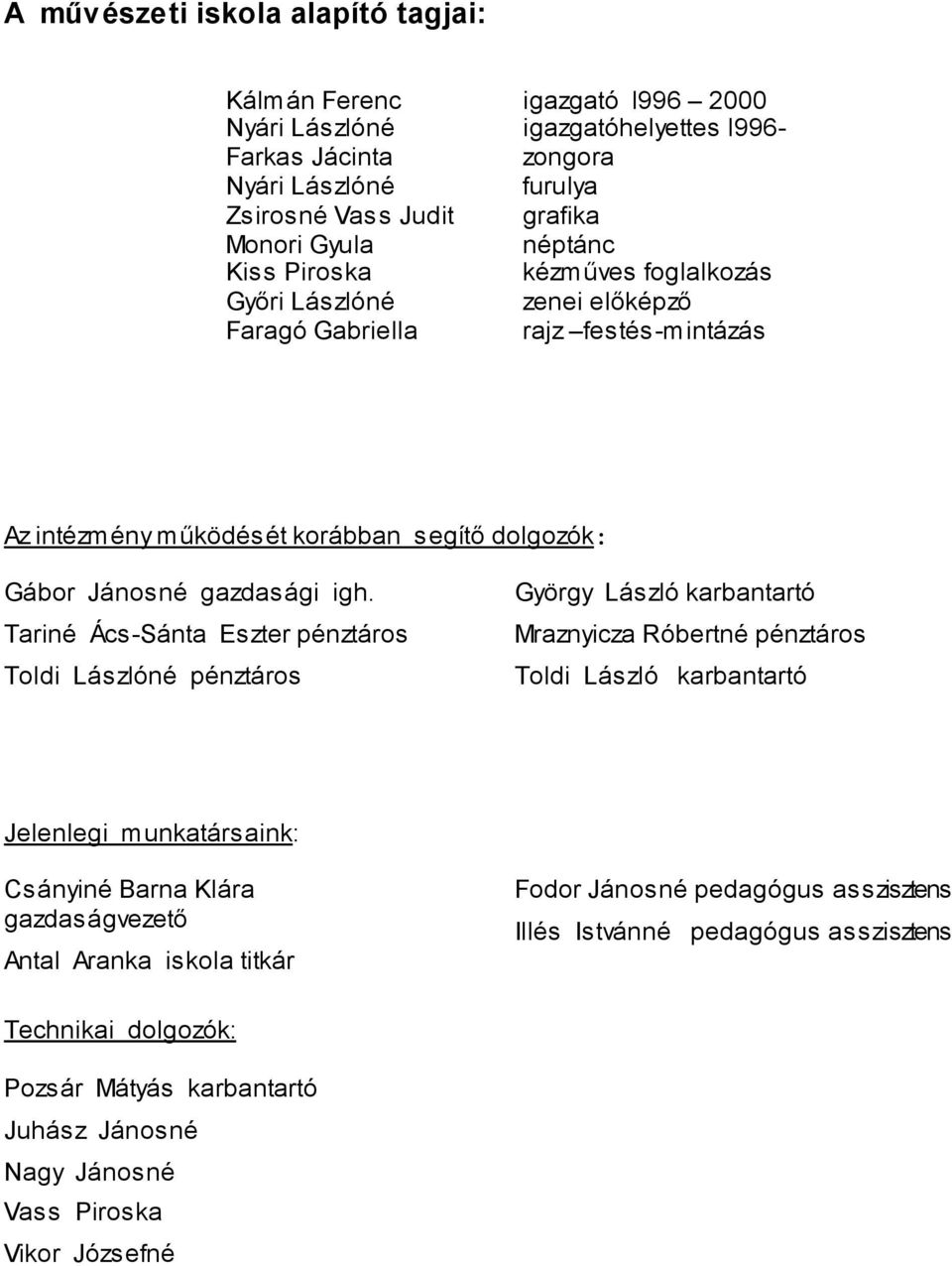 Tariné Ács-Sánta Eszter pénztáros Toldi Lászlóné pénztáros György László karbantartó Mraznyicza Róbertné pénztáros Toldi László karbantartó Jelenlegi munkatársaink: Csányiné Barna Klára