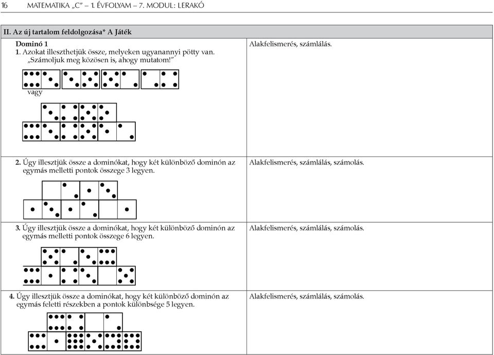 Alakfelismerés, számlálás, számolás. 3. Úgy illesztjük össze a dominókat, hogy két különböző dominón az egymás melletti pontok összege 6 legyen.