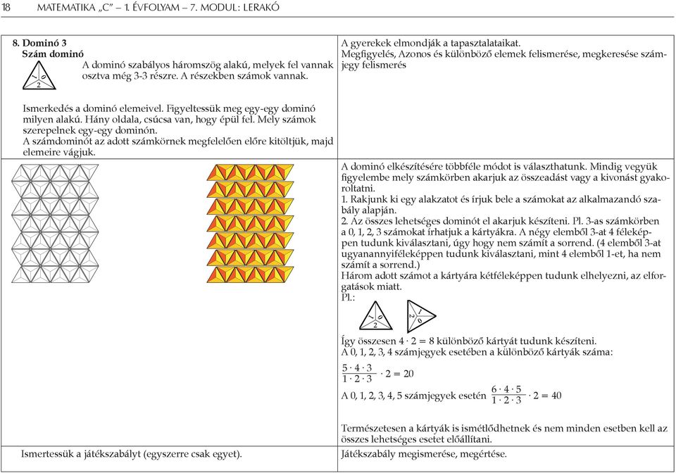 Hány oldala, csúcsa van, hogy épül fel. Mely számok szerepelnek egy-egy dominón. A számdominót az adott számkörnek megfelelően előre kitöltjük, majd elemeire vágjuk.