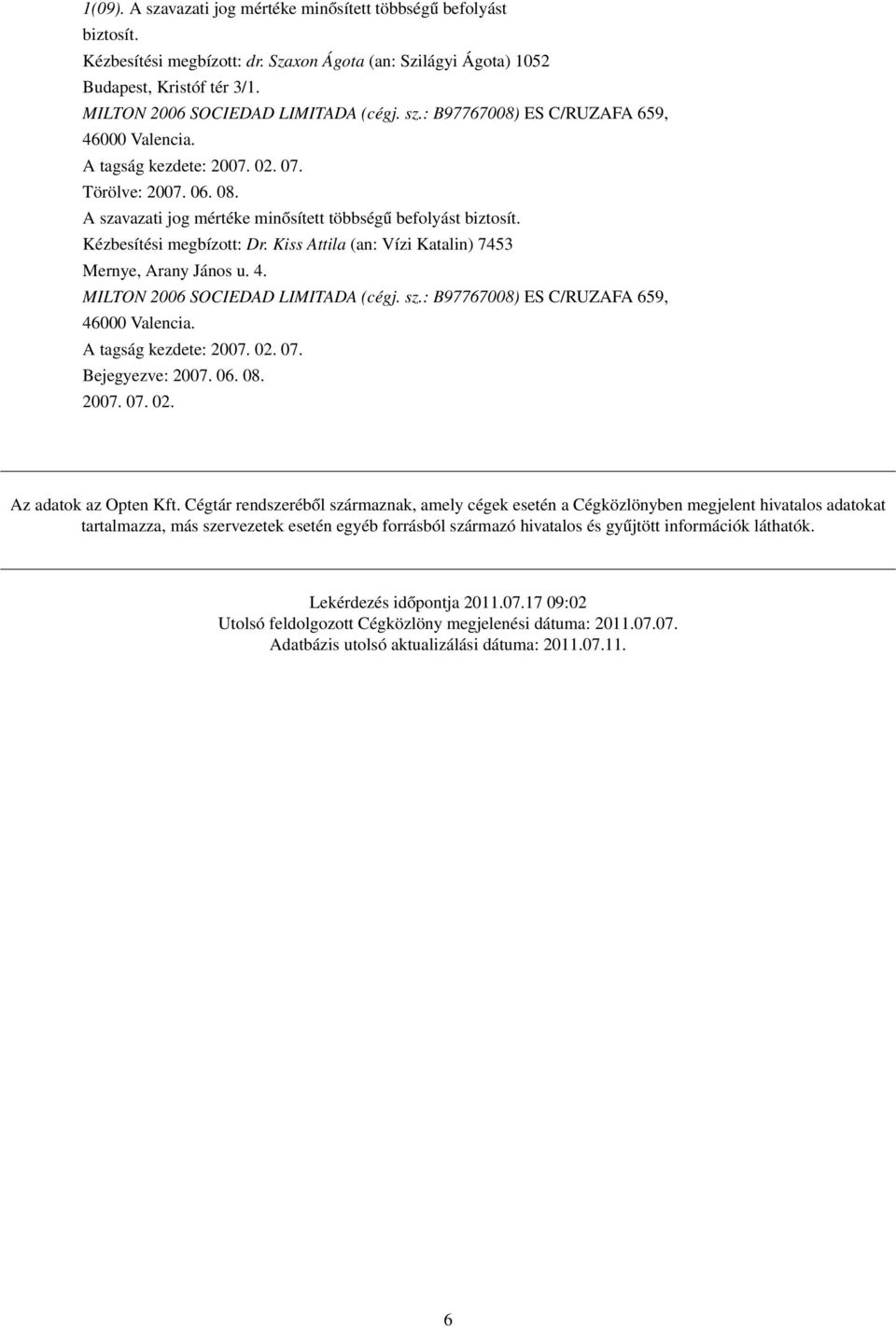 Kiss Attila (an: Vízi Katalin) 7453 Mernye, Arany János u. 4. MILTON 2006 SOCIEDAD LIMITADA (cégj. sz.: B97767008) ES C/RUZAFA 659, 46000 Valencia. A tagság kezdete: 2007. 02. 07. Bejegyezve: 2007.