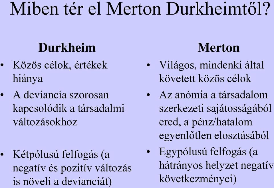 Kétpólusú felfogás (a negatív és pozitív változás is növeli a devianciát) Merton Világos, mindenki