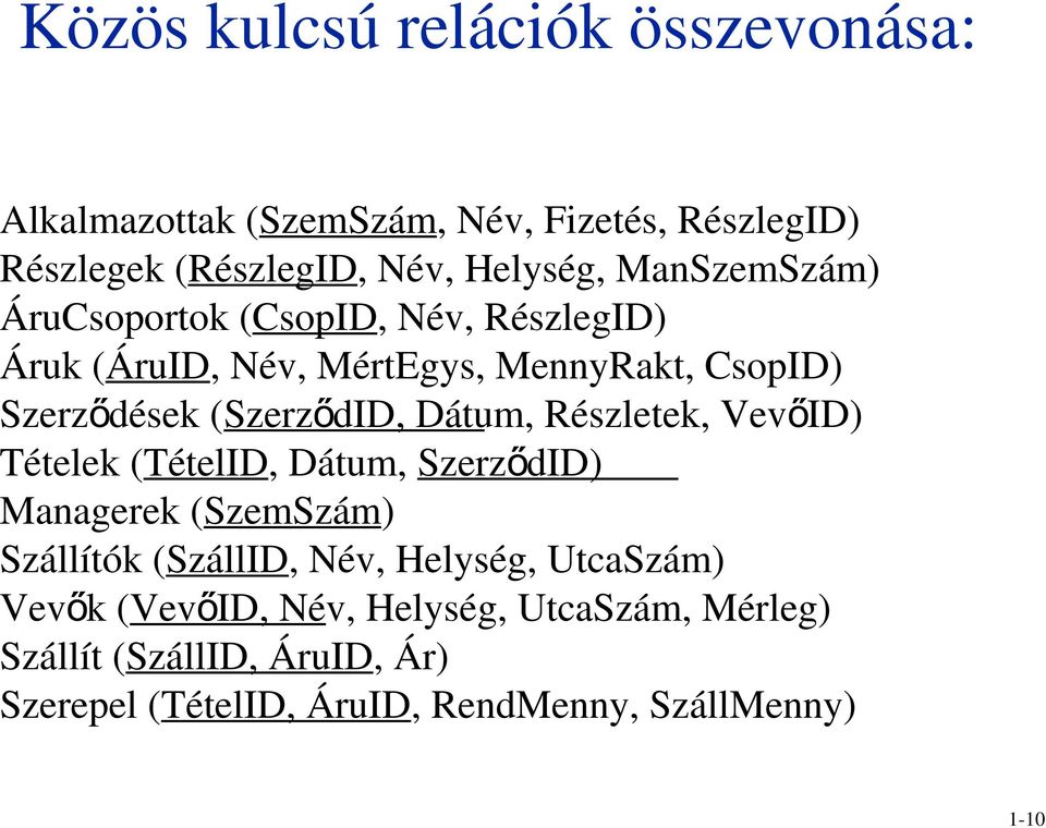 Dátum, Részletek, VevőID) Tételek (TételID, Dátum, Szerző did) Managerek (SzemSzám) Szállítók (SzállID, Név, Helység,