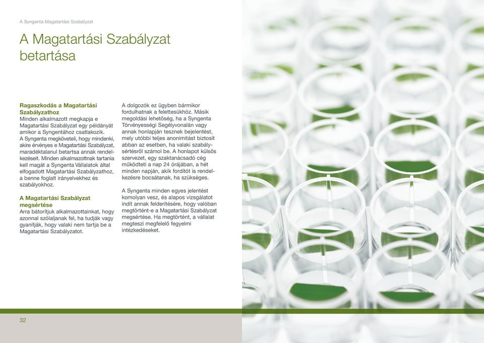 Minden alkalmazottnak tartania kell magát a Syngenta Vállalatok által elfogadott Magatartási Szabályzathoz, a benne foglalt irányelvekhez és szabályokhoz.