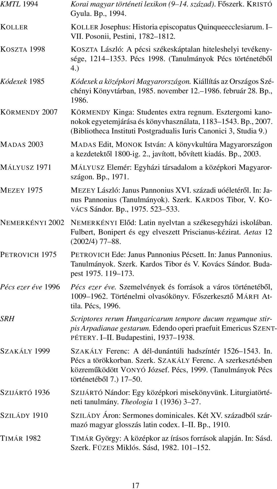 pécsi székeskáptalan hiteleshelyi tevékenysége, 1214 1353. Pécs 1998. (Tanulmányok Pécs történetéből 4.) Kódexek a középkori Magyarországon. Kiállítás az Országos Széchényi Könyvtárban, 1985.