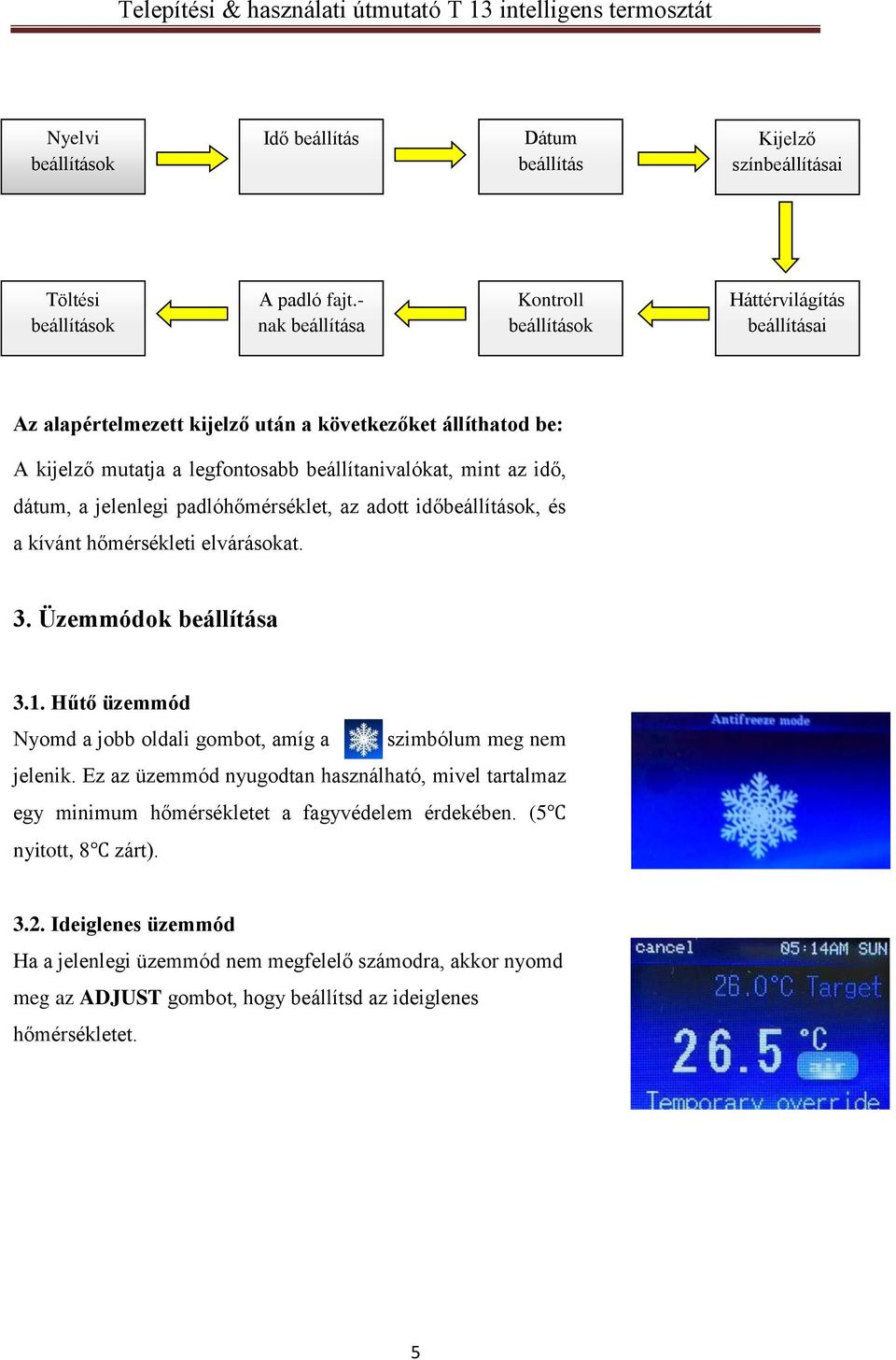 dátum, a jelenlegi padlóhőmérséklet, az adott időbeállítások, és a kívánt hőmérsékleti elvárásokat. 3. Üzemmódok beállítása 3.1.