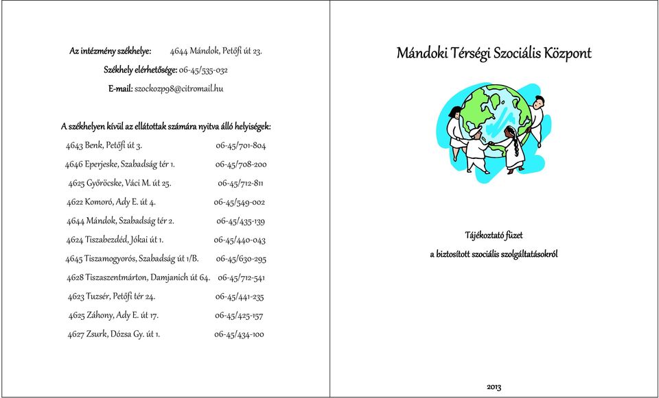 06-45/708-200 4625 Győröcske, Váci M. út 25. 06-45/712-811 4622 Komoró, Ady E. út 4. 06-45/549-002 4644 Mándok, Szabadság tér 2. 06-45/435-139 4624 Tiszabezdéd, Jókai út 1.