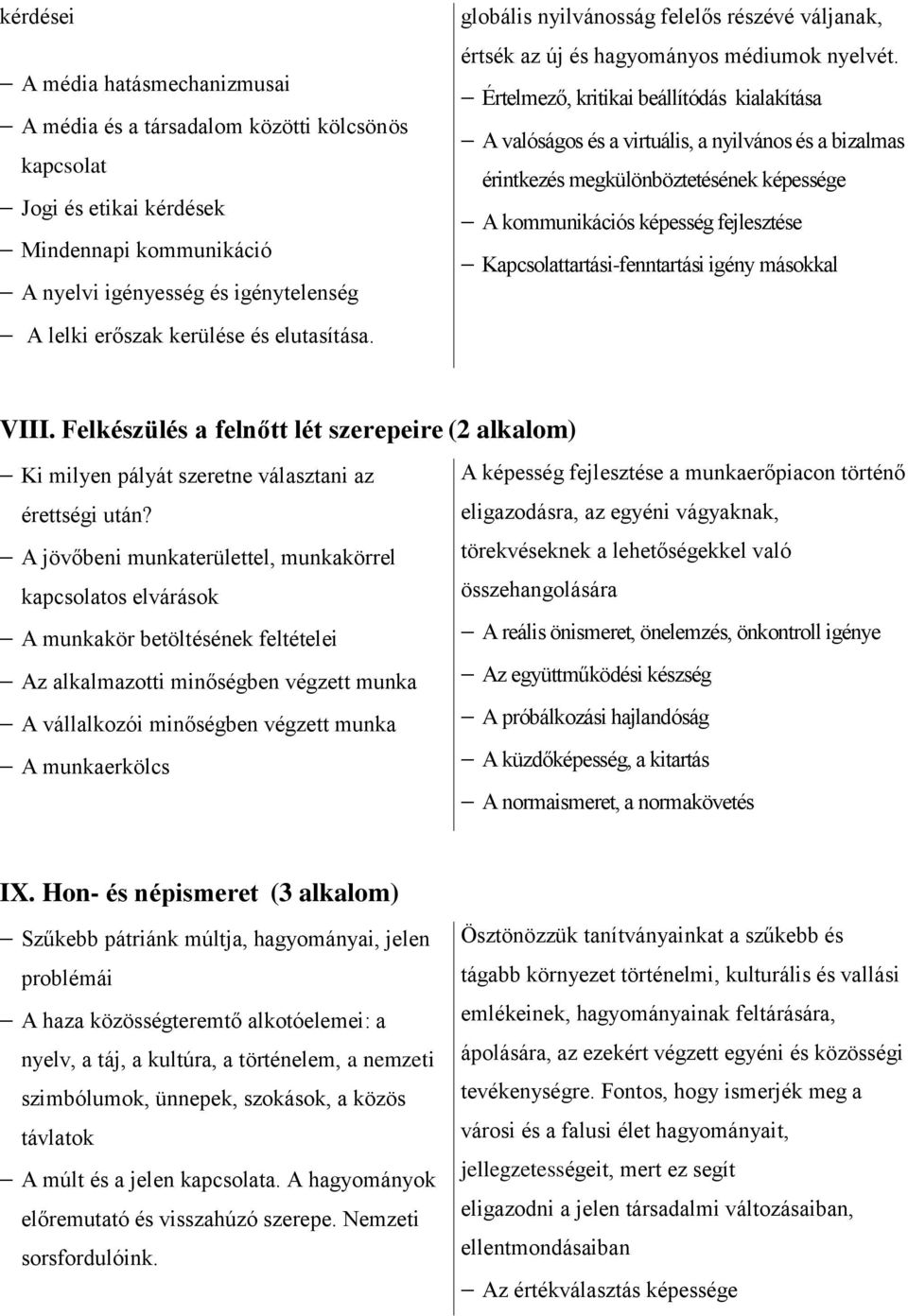 Értelmező, kritikai beállítódás kialakítása A valóságos és a virtuális, a nyilvános és a bizalmas érintkezés megkülönböztetésének képessége A kommunikációs képesség fejlesztése