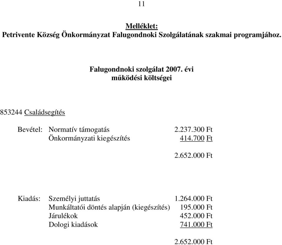 évi működési költségei 853244 Családsegítés Bevétel: Normatív támogatás Önkormányzati kiegészítés 2.