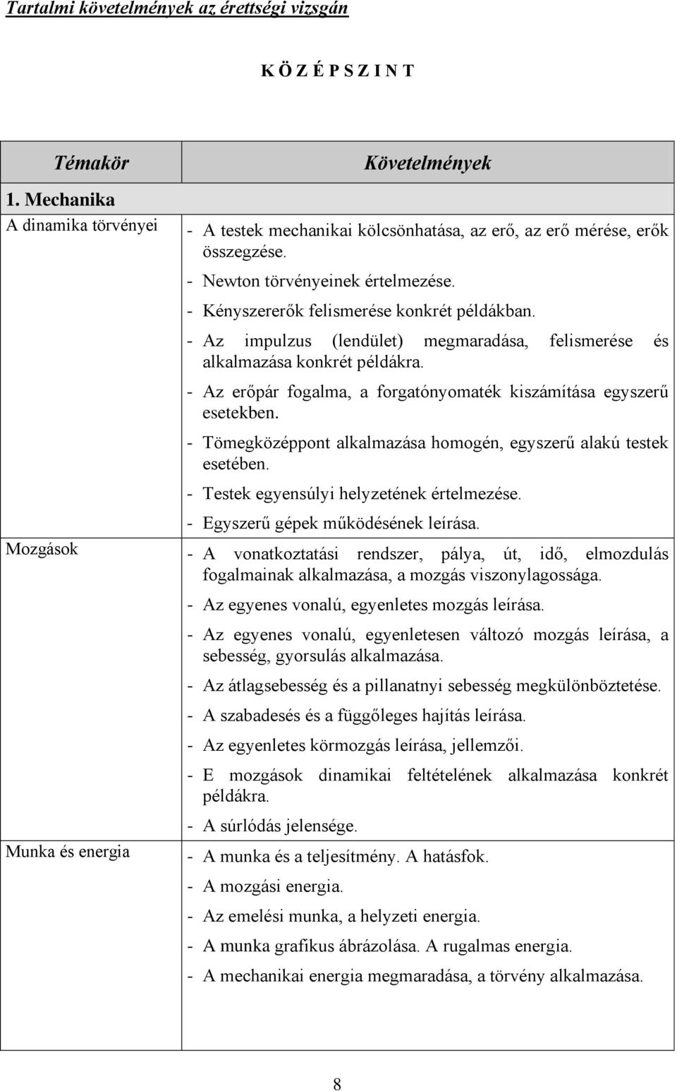 - Kényszererők felismerése konkrét példákban. - Az impulzus (lendület) megmaradása, felismerése és alkalmazása konkrét példákra. - Az erőpár fogalma, a forgatónyomaték kiszámítása egyszerű esetekben.