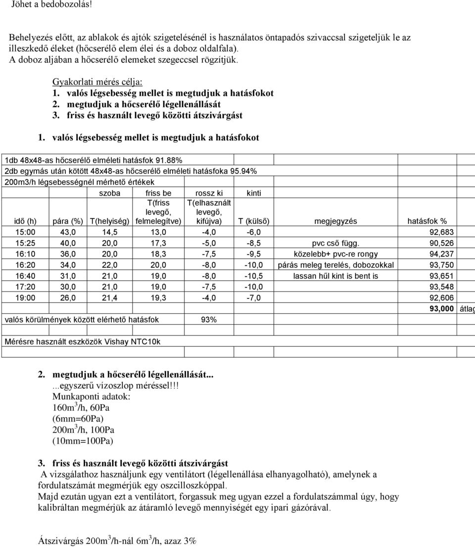 friss és használt levegő közötti átszivárgást 1. valós légsebesség mellet is megtudjuk a hatásfokot 1db 48x48-as hőcserélő elméleti hatásfok 91.